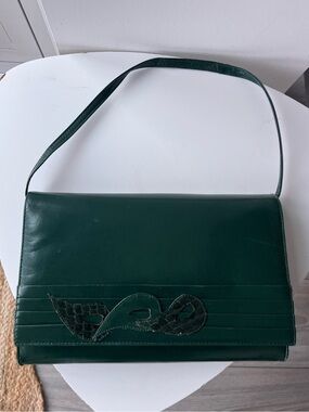 90s Vintage Green Leather Flap Shoulder Bag